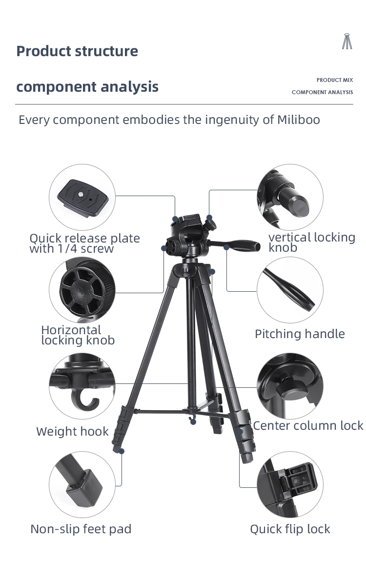 Miliboo A301 Portable Photography Tripod Lightweight Smartphone SLR Camera Tripod with 1/4in Screw for Vlog Live Broadcast
